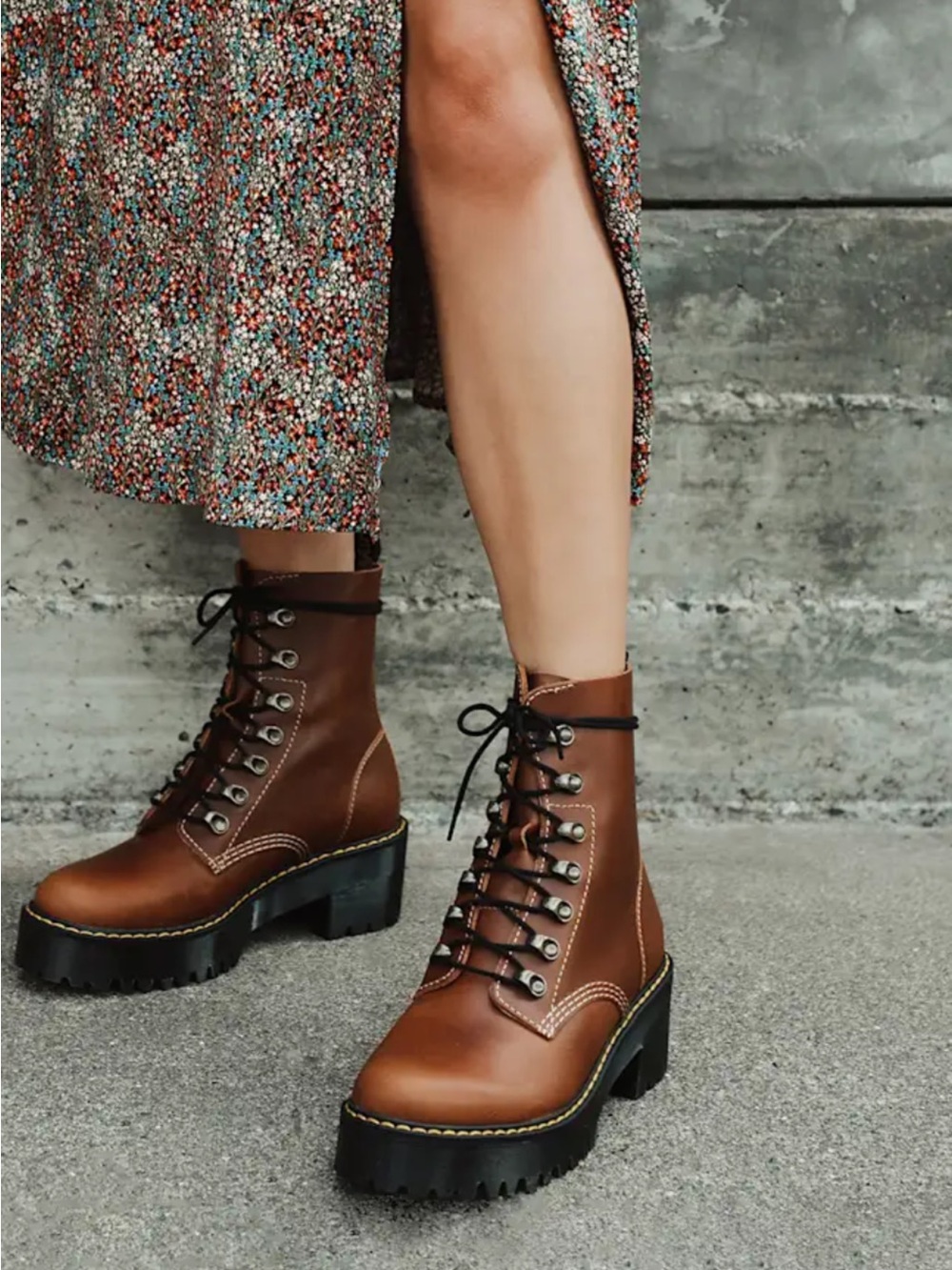 Dr. Martens Leona Brown Lace-Up Platform Combat Boots for Women